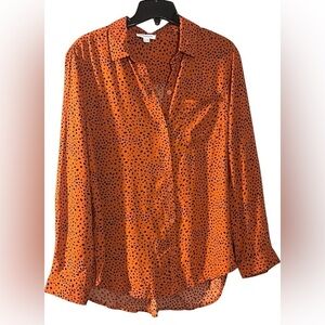 Beach Lunch Lounge Long Sleeve Button Up Shirt Blouse Orange Cheetah Print MED